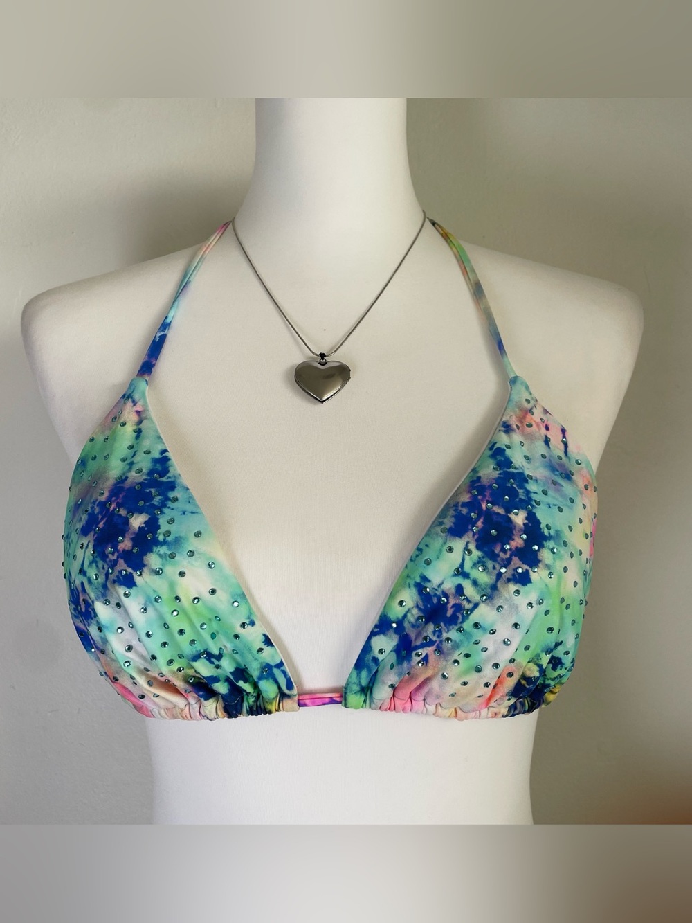 Luli Fama Multicolor Rhinestone Triangle Bikini Top - Blue Green Pink Y2K